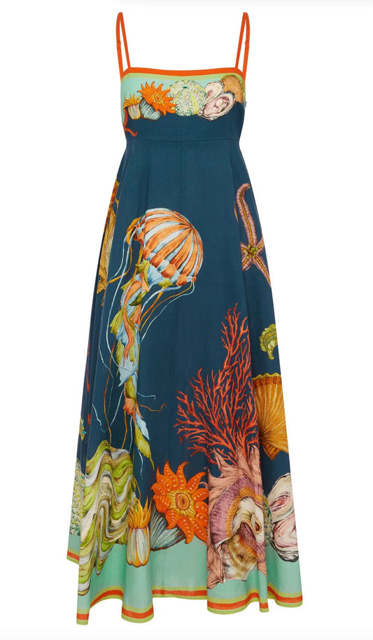 Abito lungo a trapezio senza maniche con stampa animalier e cintura annodata