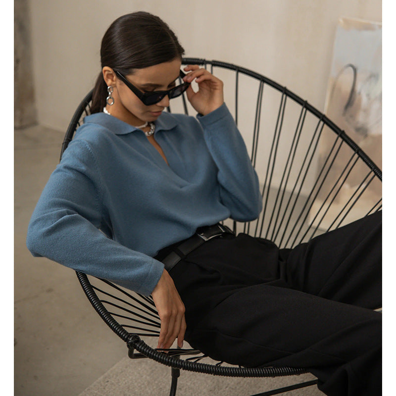 Maglione con risvolto in tinta unita, manica lunga, retrò