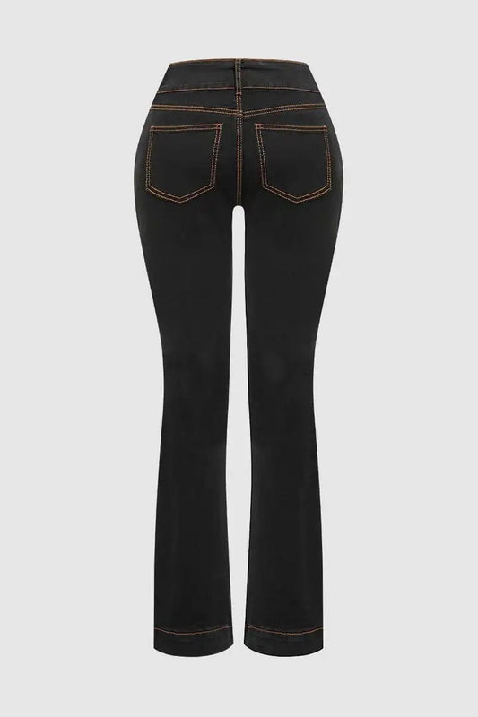 Jeans bootcut a vita alta, contenitivo con doppio bottone in vita, denim scuro