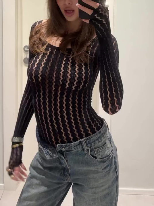 Body nero trasparente a maniche lunghe