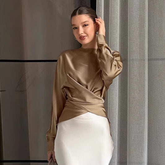 Top girocollo da donna in raso