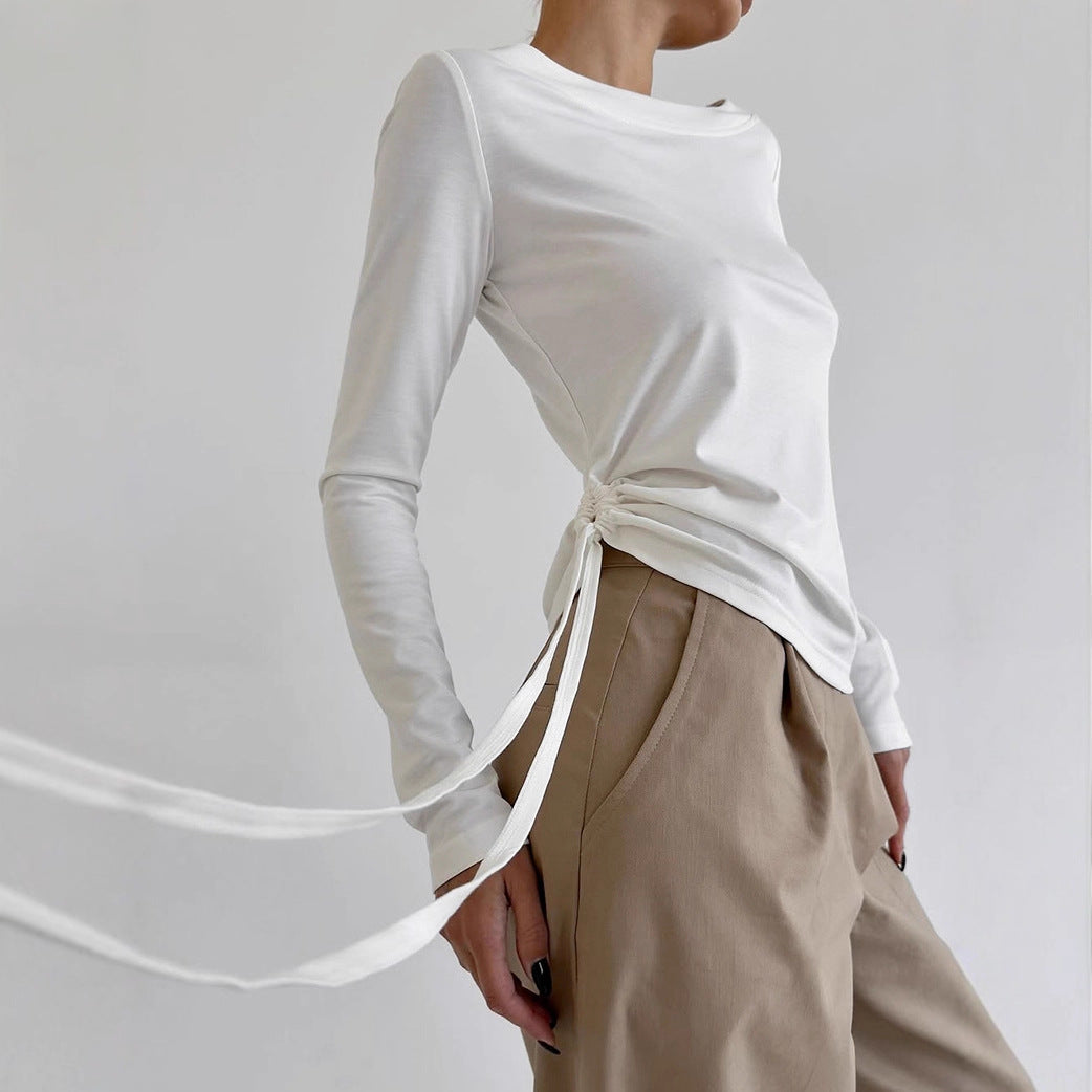 Maglia con scollo tondo e cintura laterale, manica lunga