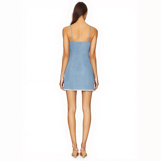 Abito celeste a tubino senza maniche con vita alta ed inserti in pizzo