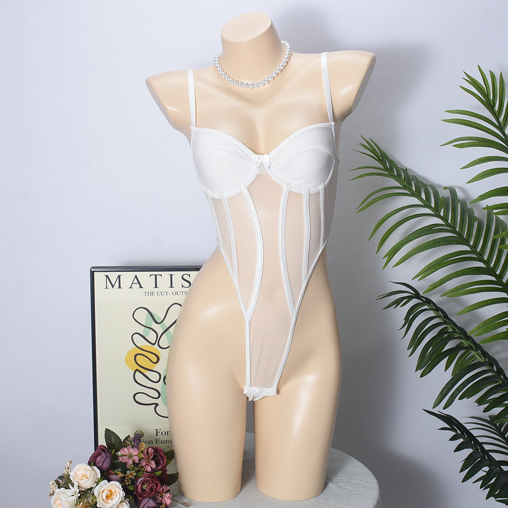 Body con vita alta traforata, cuciture in rete