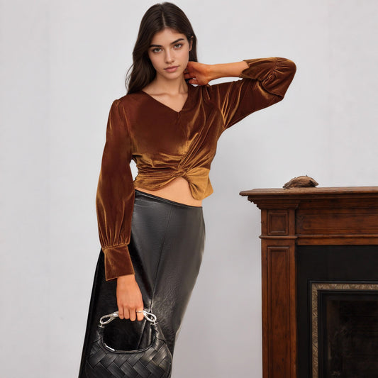 Top a maniche lunghe con scollo a V e vita francese in velluto e poliestere