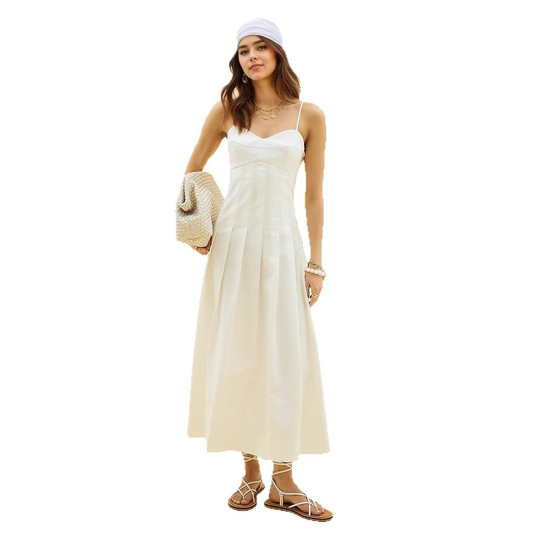 Abito lungo bianco con spalline a balze e gonna a trapezio