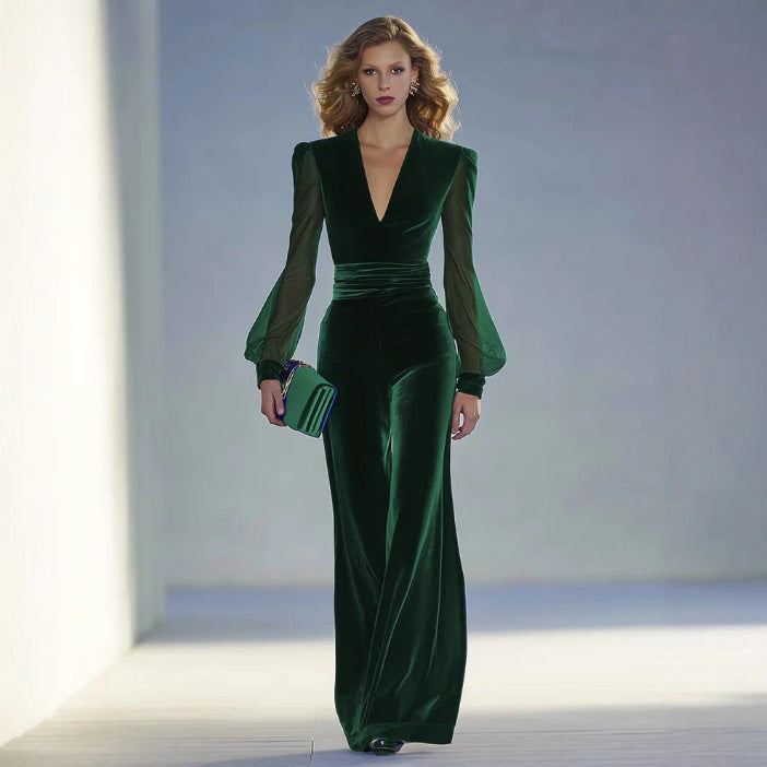 Tuta elegante fasciata in vita e maniche lunghe trasparenti