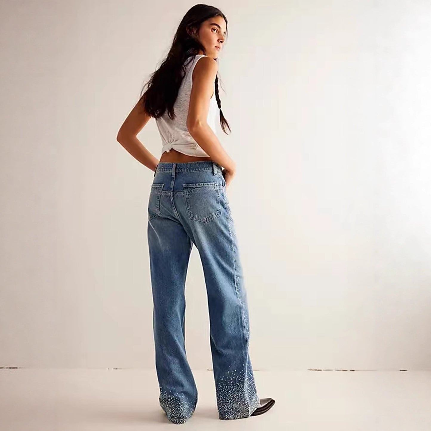 Jeans a Gamba Dritta in Denim Elasticizzato Blu Pavone