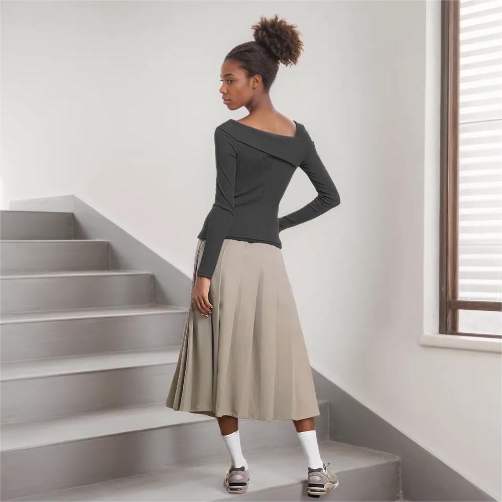 Maglietta a maniche lunghe in tinta unita, elegante, in stile coreano.