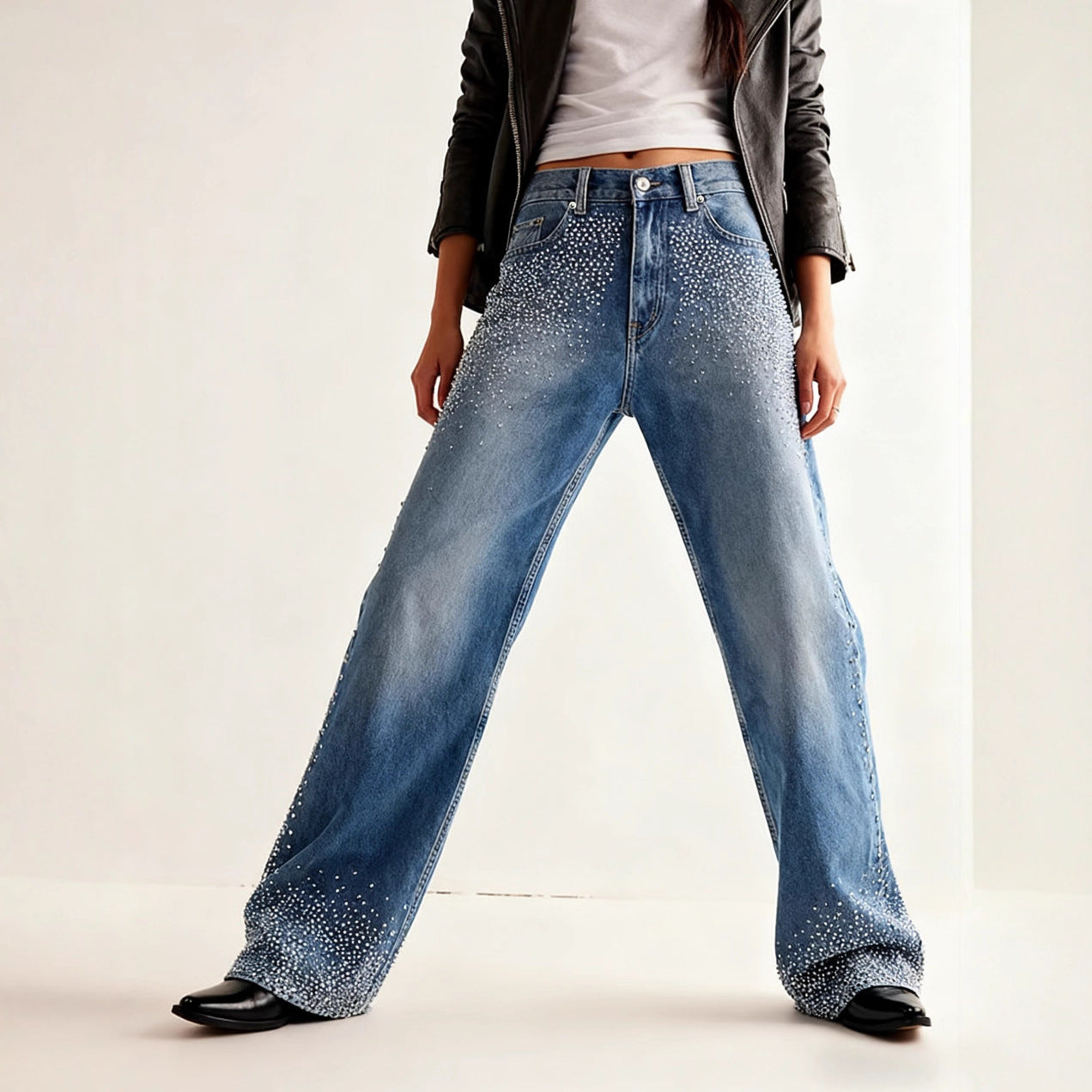 Jeans a Gamba Dritta in Denim Elasticizzato Blu Pavone