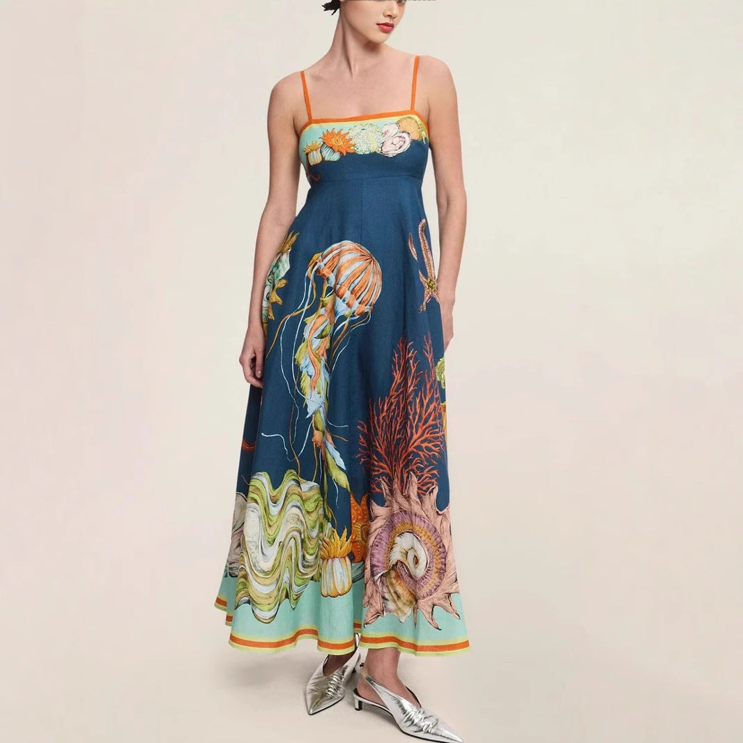 Abito lungo a trapezio senza maniche con stampa animalier e cintura annodata