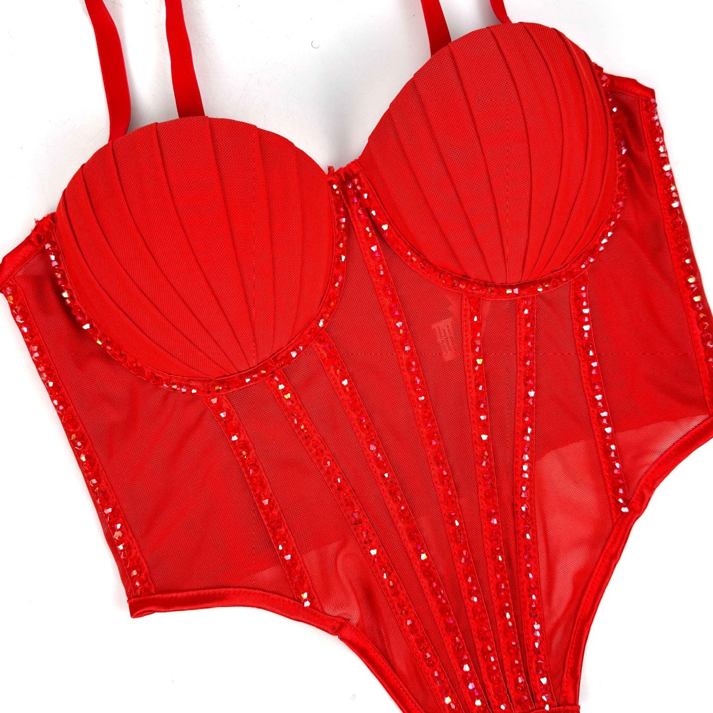 Reggiseno in rete con bretelle e strass a spina di pesce
