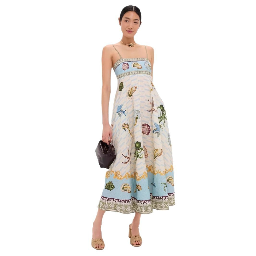 Abito lungo a trapezio senza maniche con stampa animalier e cintura annodata