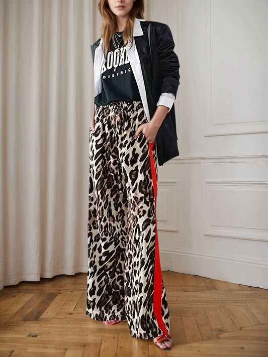 Pantaloni larghi con coulisse, stampa leopardata, gamba dritta