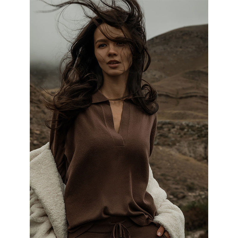 Maglione con risvolto in tinta unita, manica lunga, retrò