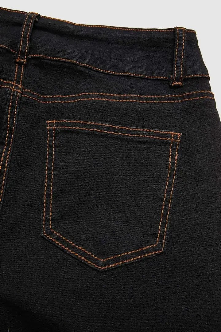 Jeans bootcut a vita alta, contenitivo con doppio bottone in vita, denim scuro