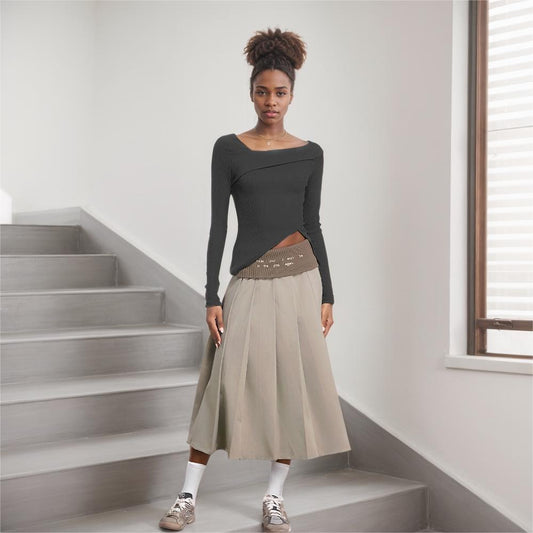 Maglietta a maniche lunghe in tinta unita, elegante, in stile coreano.