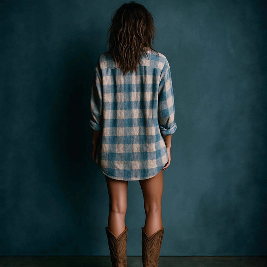 Abito camicia a maniche lunghe con stampa duplex a quadri