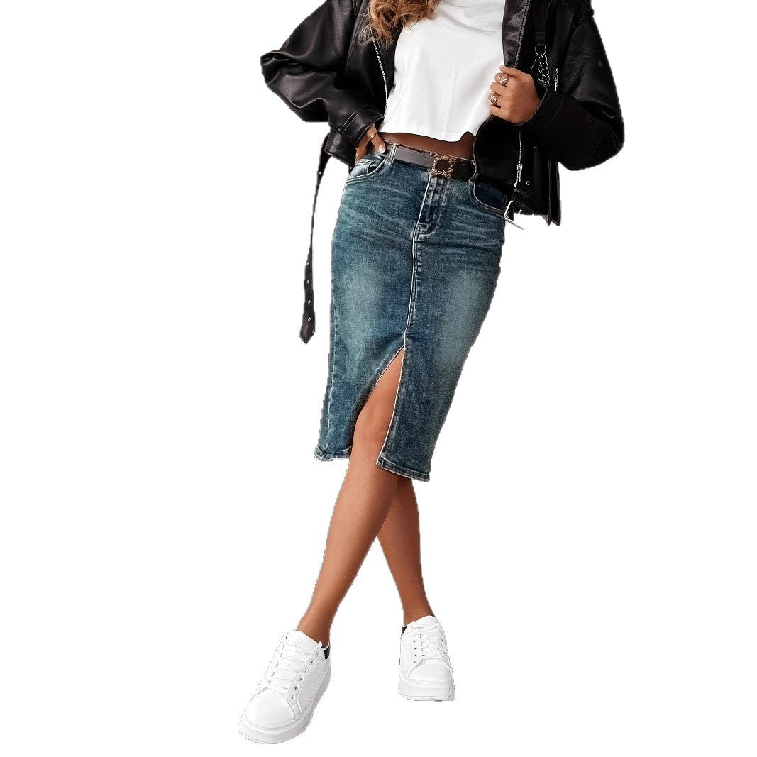 Gonna midi in denim a tubino con spacco frontale