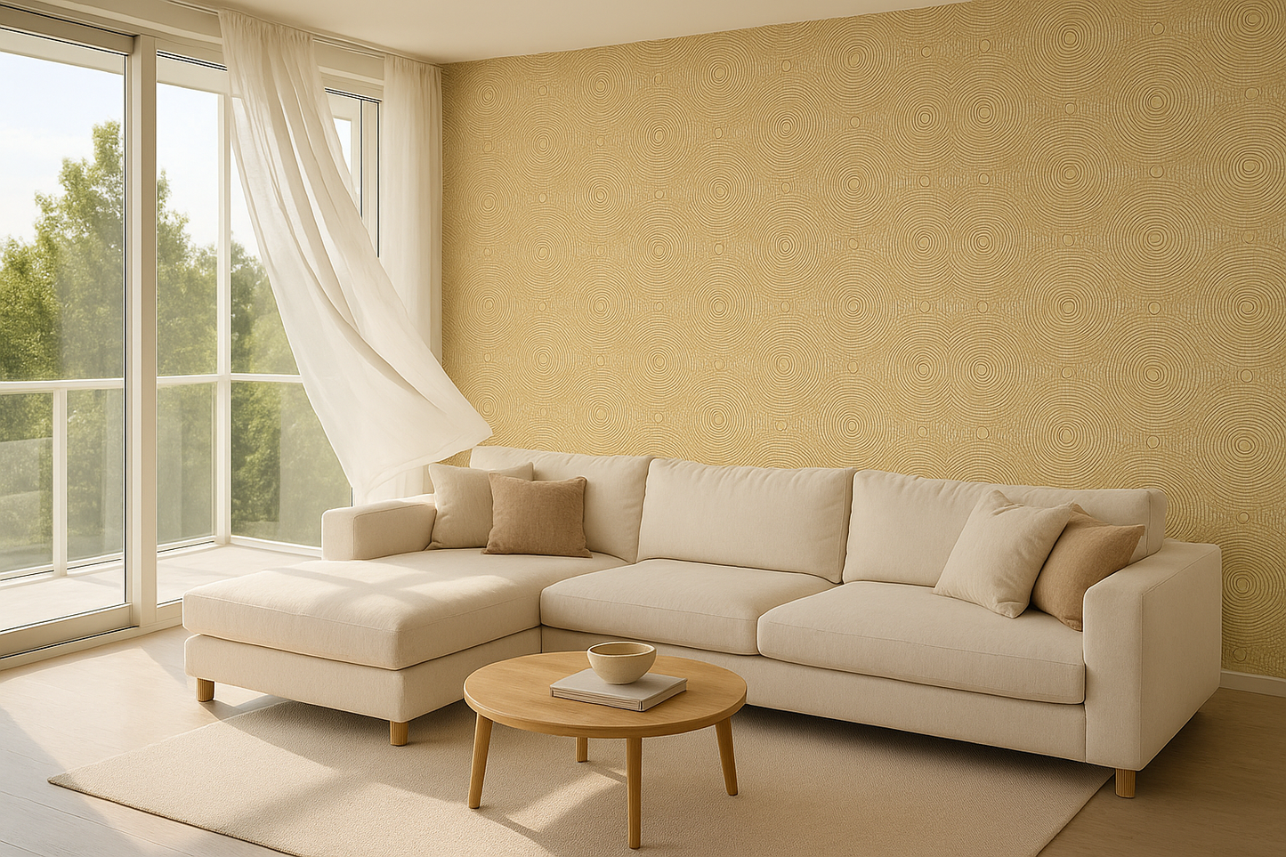 Carta da Parati con Motivo Ripetuto "Cerchi di Luce Dorata"