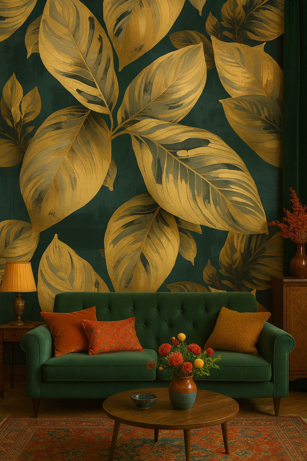 Carta da Parati con Motivo Ripetuto "Foglie d’Oro su Verde Profondo"