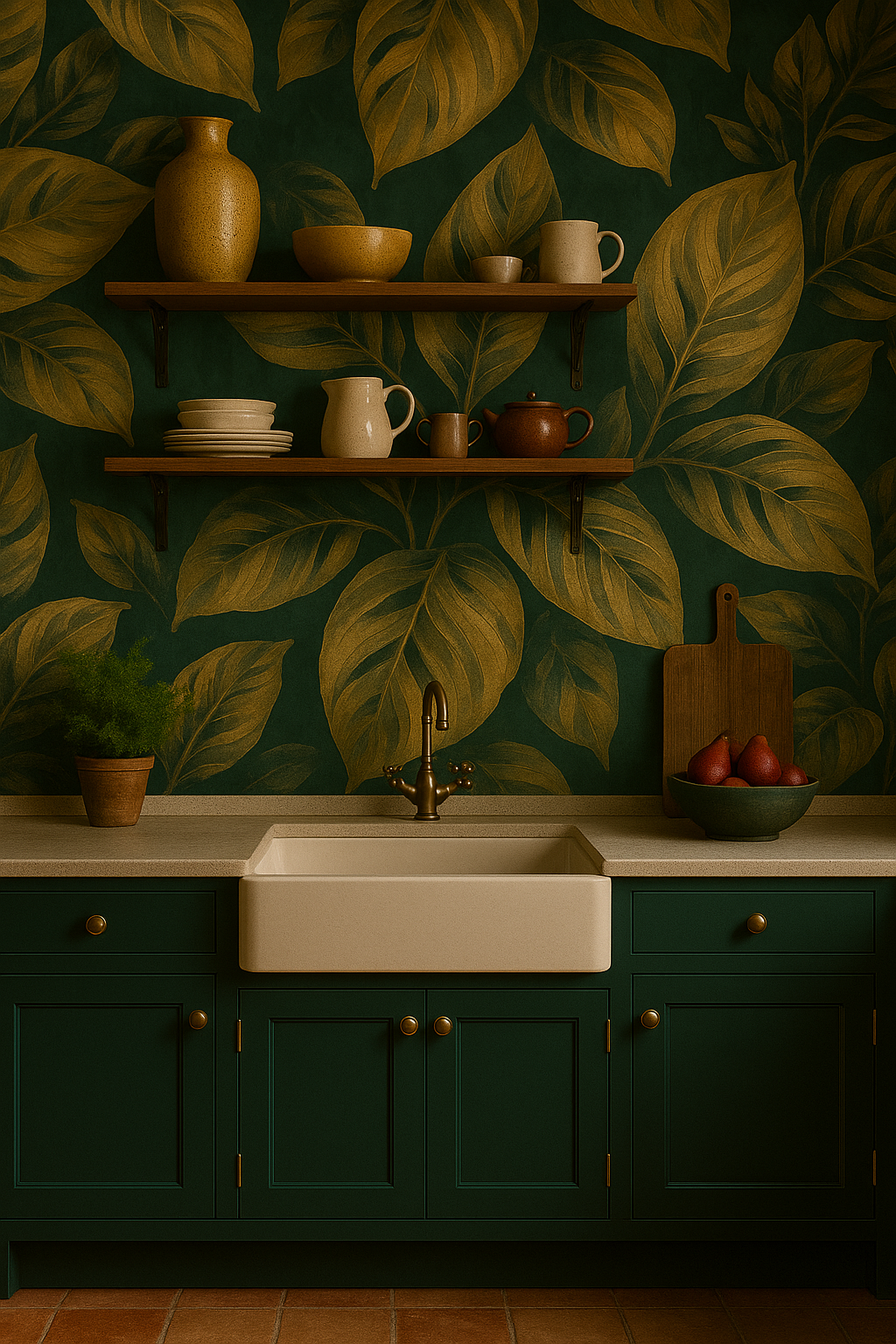 Carta da Parati con Motivo Ripetuto "Foglie d’Oro su Verde Profondo"