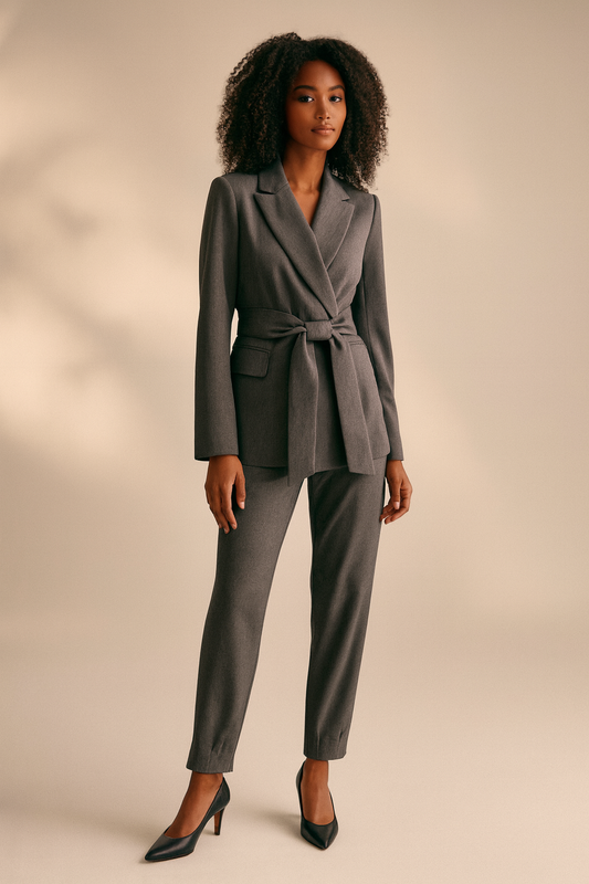 Completo giacca e pantalone, con cintura imbottita