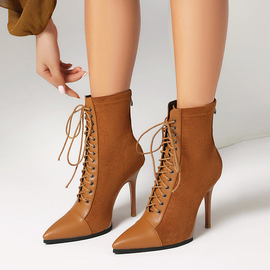 Stivali da cavaliere corti a punta con coulisse patchwork