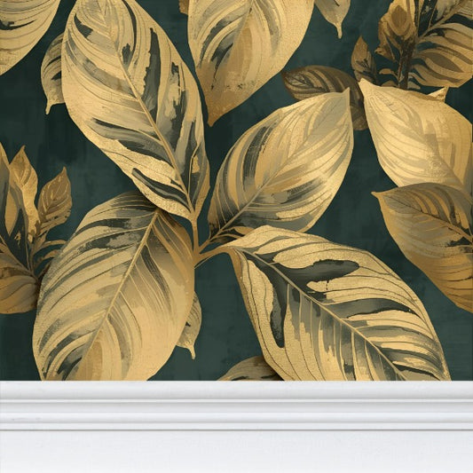 Carta da Parati con Motivo Ripetuto "Foglie d’Oro su Verde Profondo"