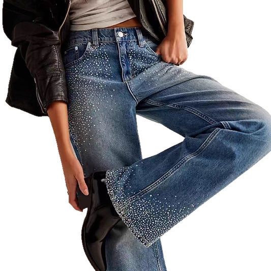 Jeans a Gamba Dritta in Denim Elasticizzato Blu Pavone