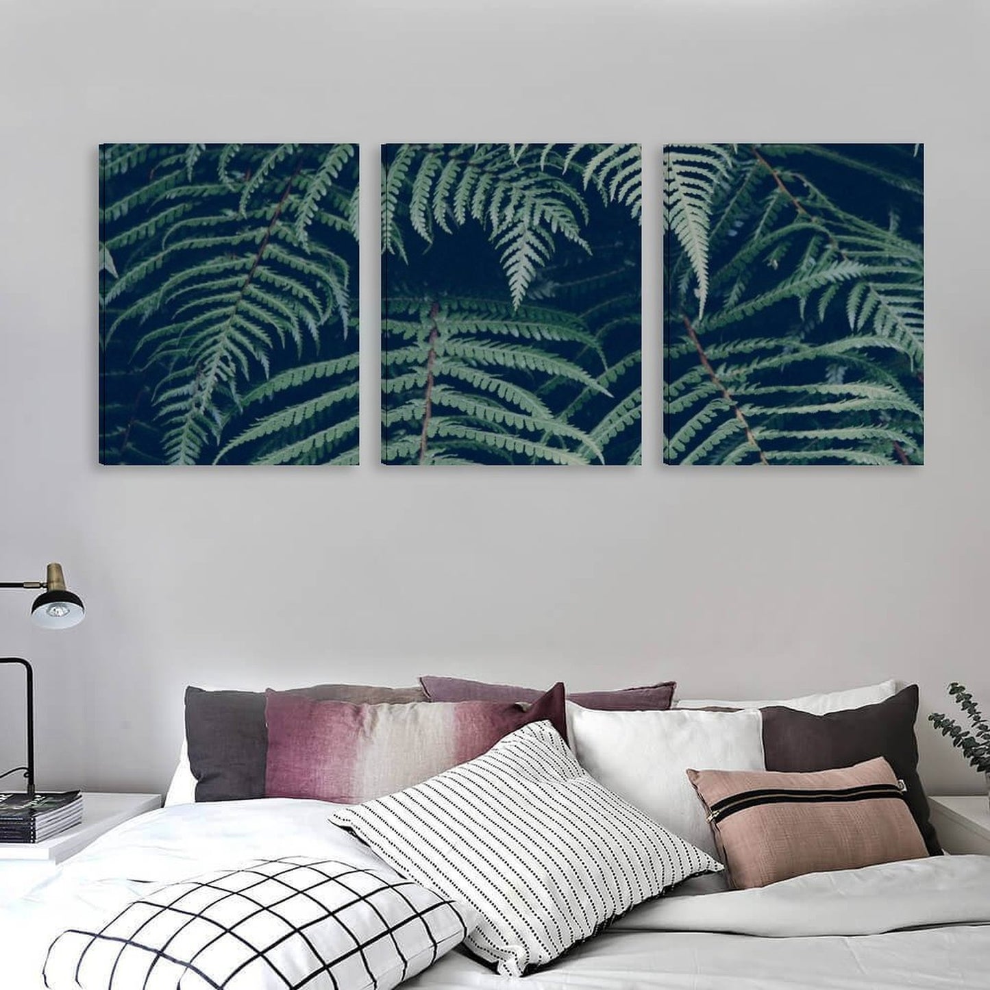 Trittico Decorativo di stampe su tela "Felci Notturne"