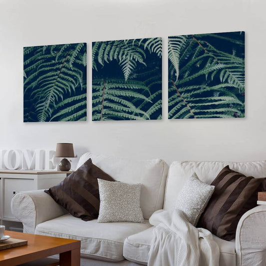 Trittico Decorativo di stampe su tela "Felci Notturne"