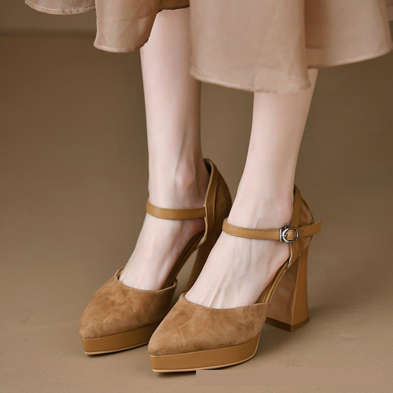 Sandali con fibbia e tacco a spillo, punta affilata, satinati