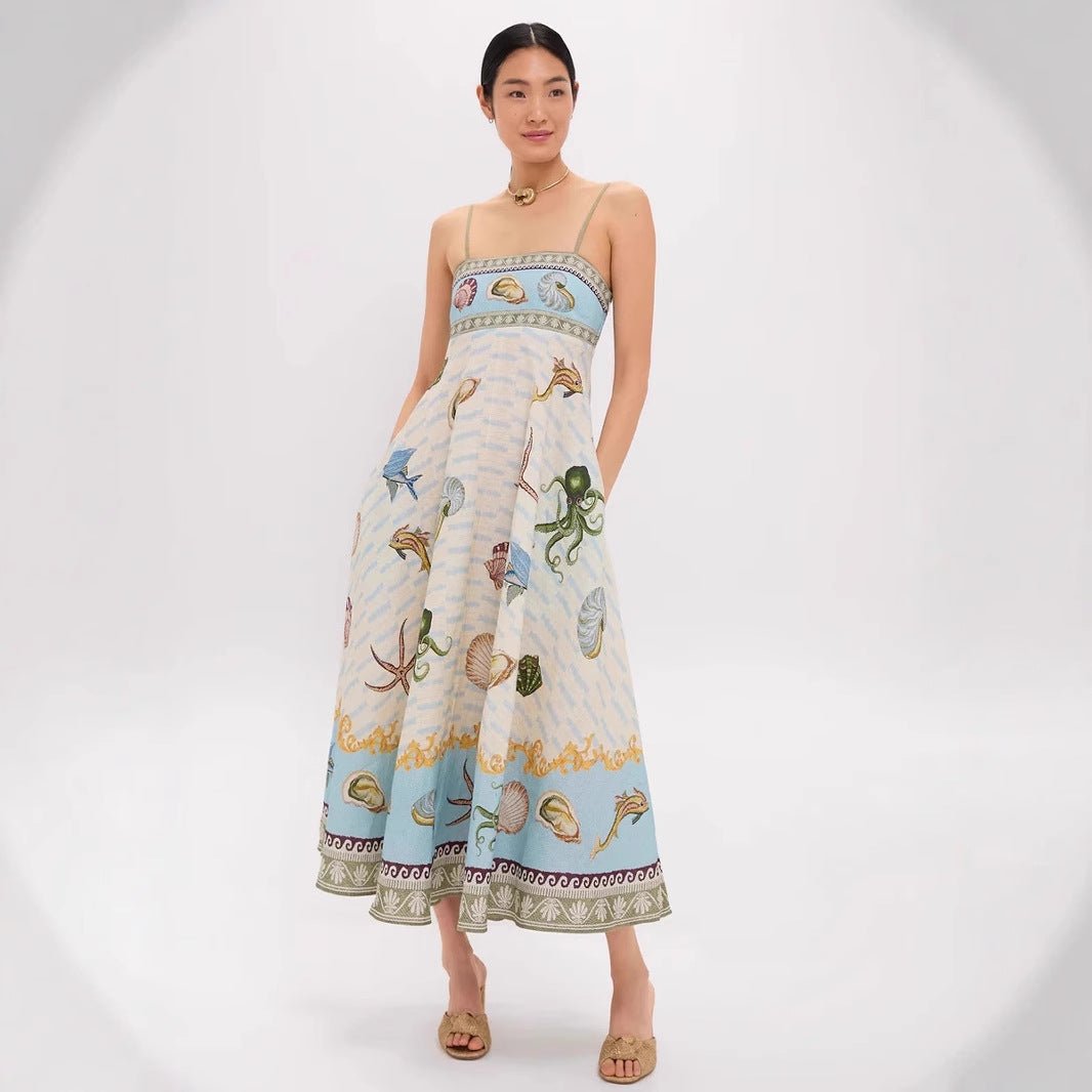 Abito lungo a trapezio senza maniche con stampa animalier e cintura annodata