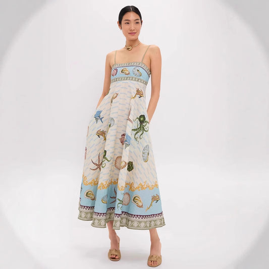 Abito lungo a trapezio senza maniche con stampa animalier e cintura annodata