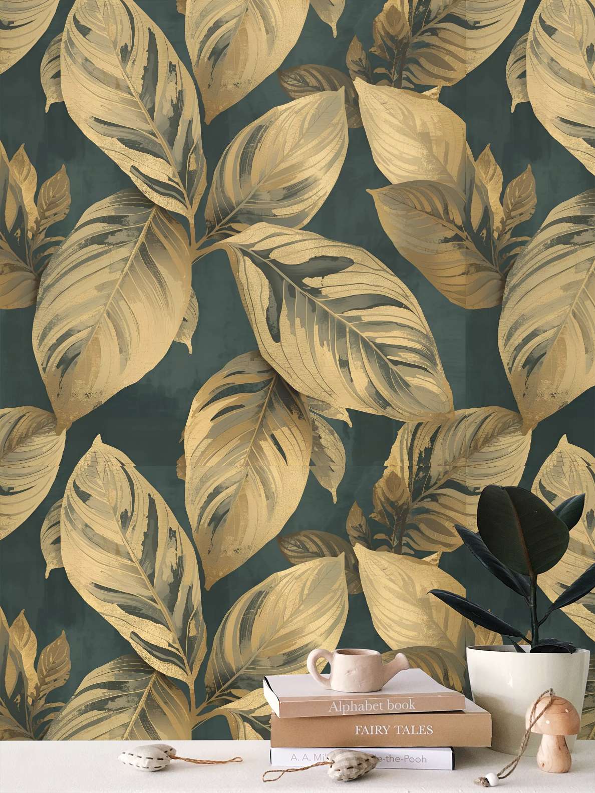 Carta da Parati con Motivo Ripetuto "Foglie d’Oro su Verde Profondo"