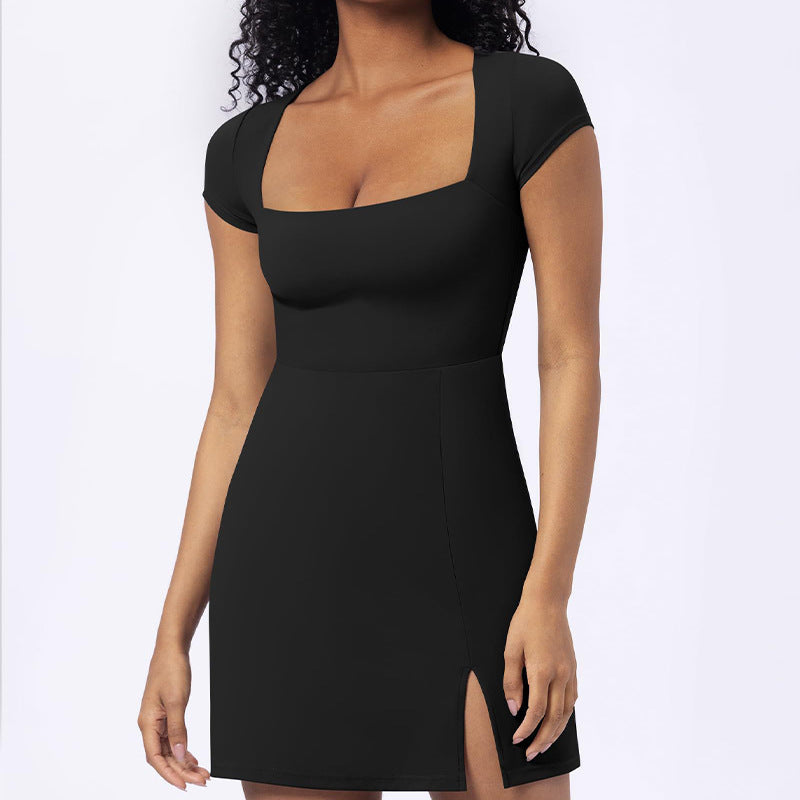 Abito da donna in tinta unita con scollo a U e spacco a trapezio