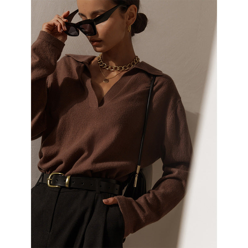 Maglione con risvolto in tinta unita, manica lunga, retrò