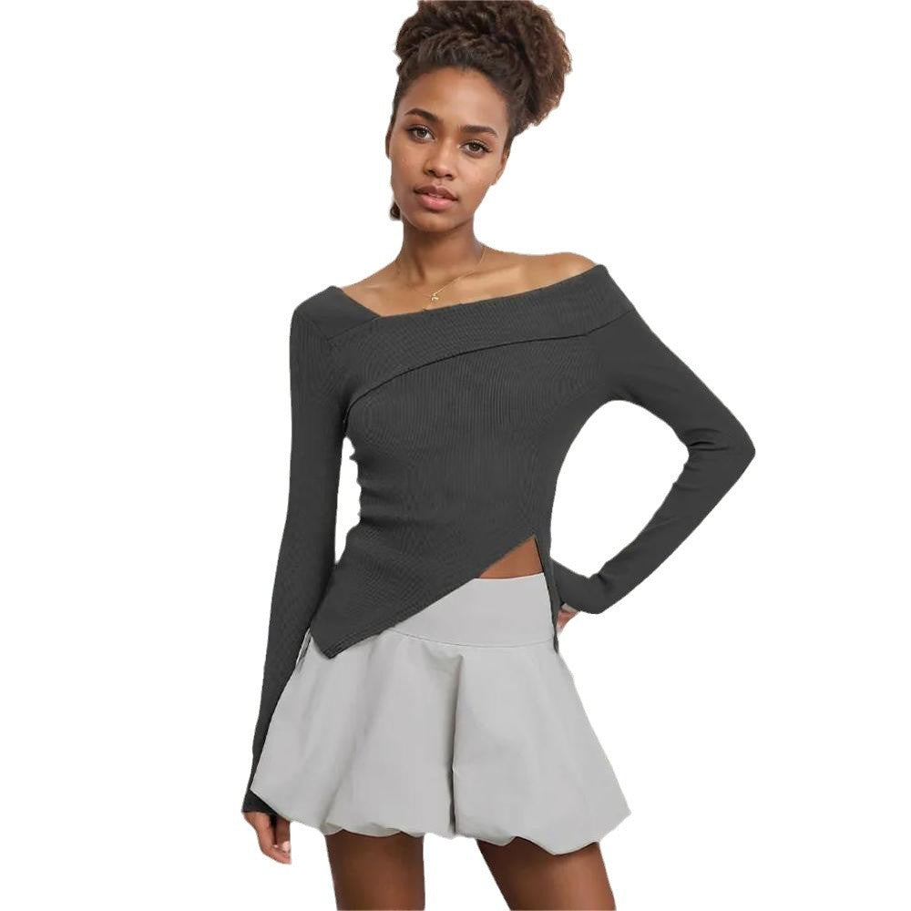 Maglietta a maniche lunghe in tinta unita, elegante, in stile coreano.